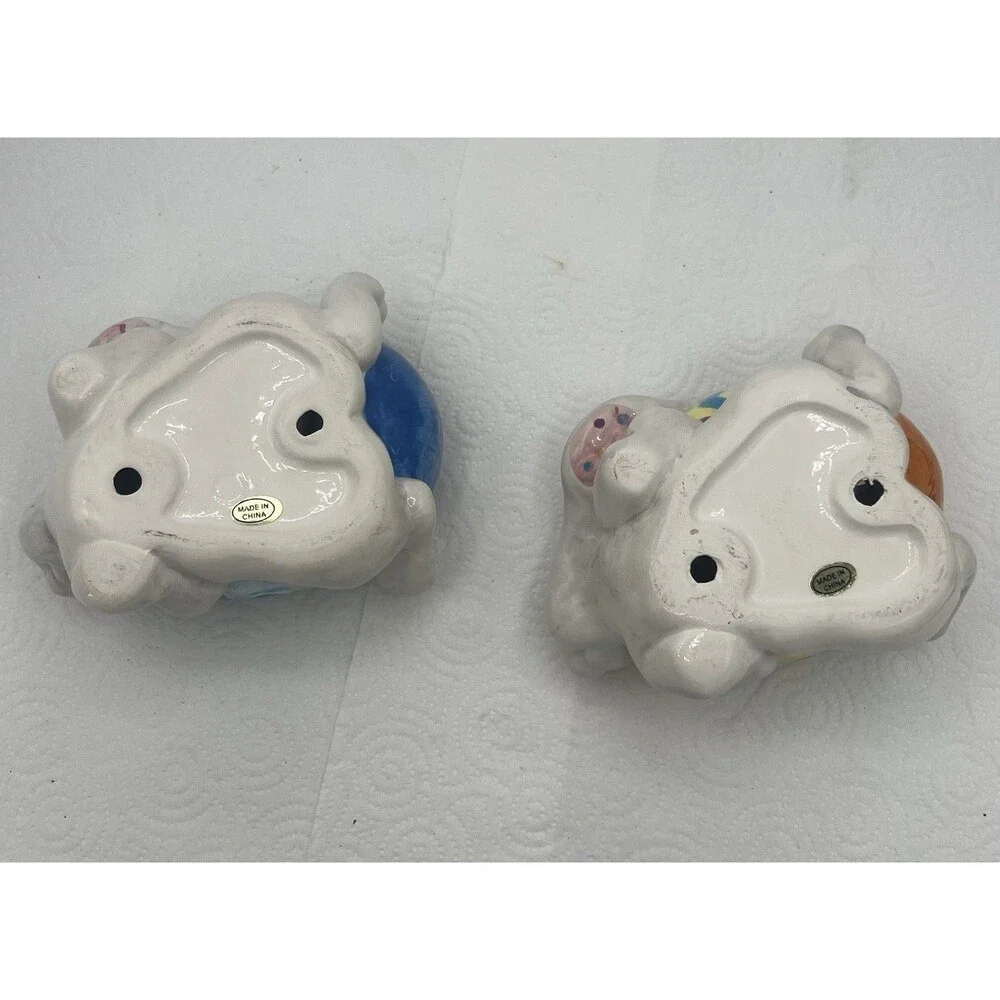 2 Colorful Easter Bunny White Rabbit Ceramic Soap Trinket Dish Tray Easter Egg